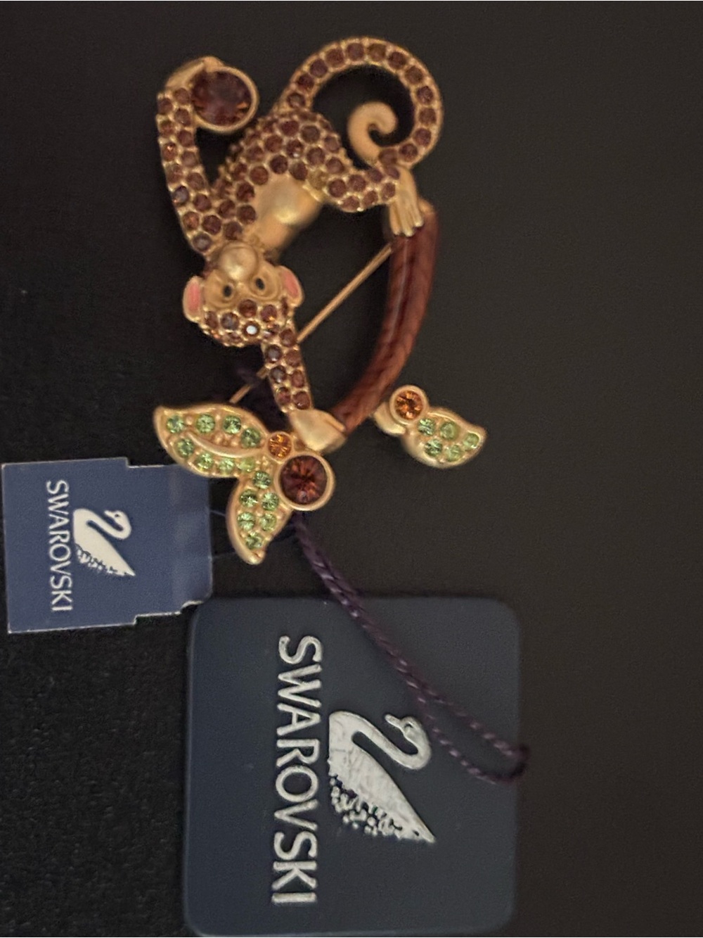 Swarovski Brown and Green Crystal MonkeyBrooch with Amber Accents